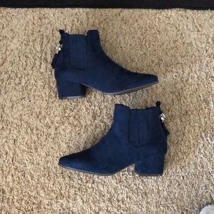 Faux Suede Blue Pointed-Toe Ankle Boots